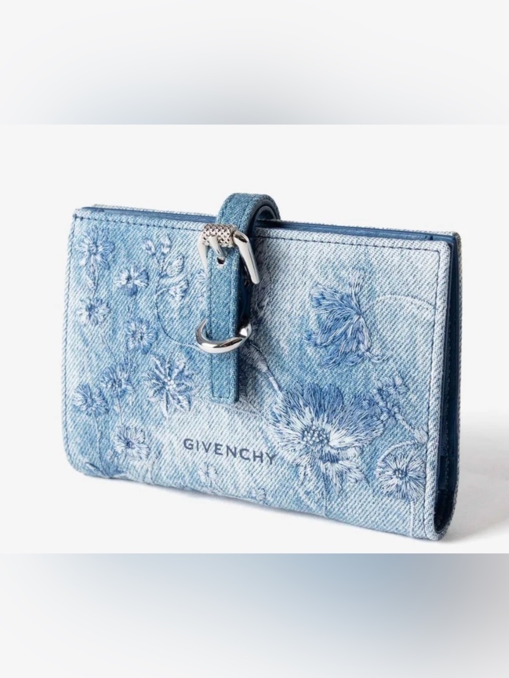 Givenchy Voyou Washed Embroidered Denim Wallet Blue Floral Leather $650